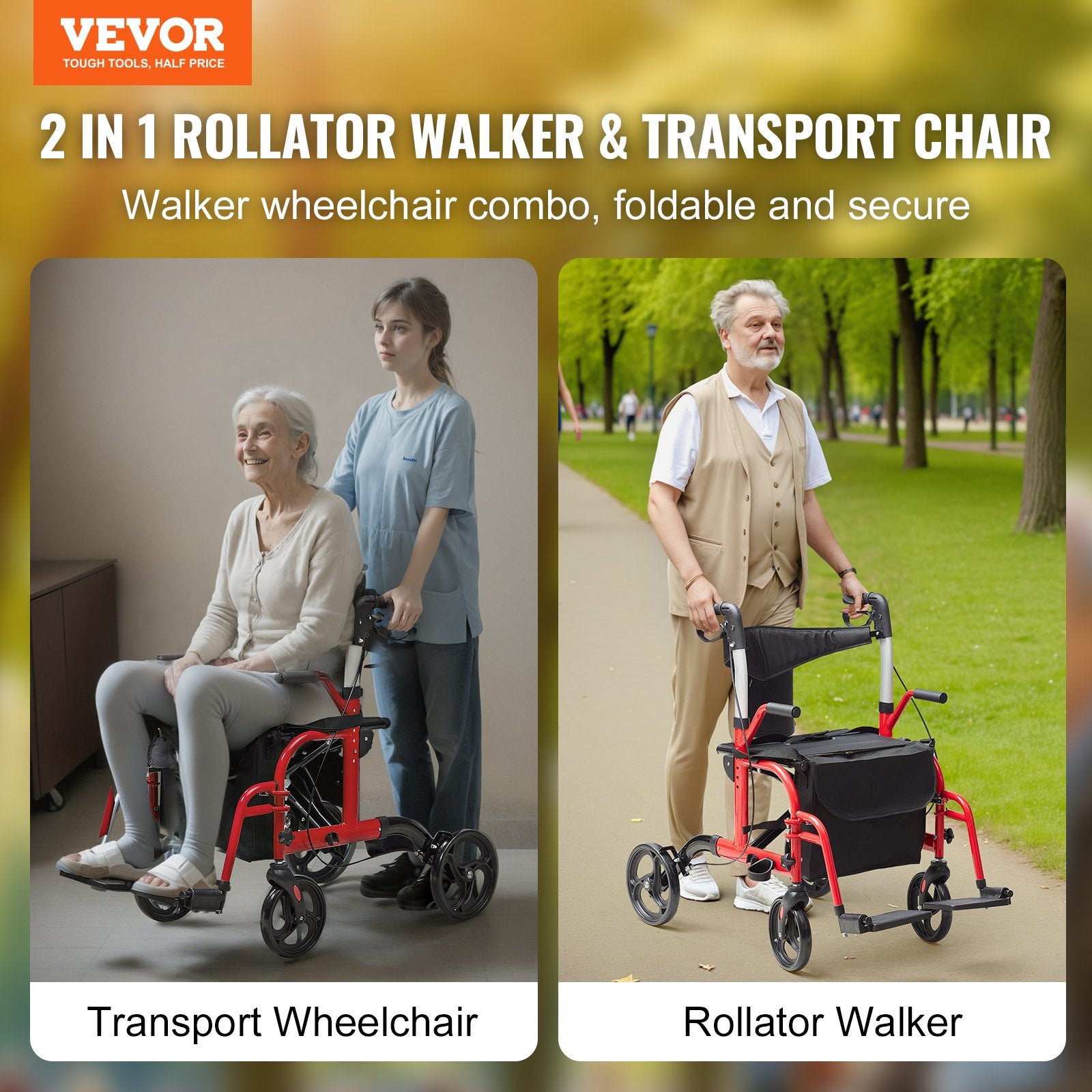 2-in-1 Rollator Walker & Transport Chair